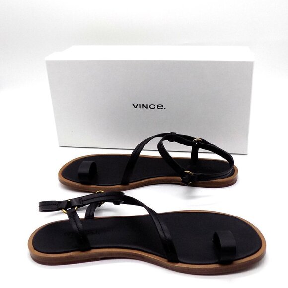 Vince Black Leather Flat Sandals Perrigan Hook and Loop Closure Toe Ring - Picture 12 of 14